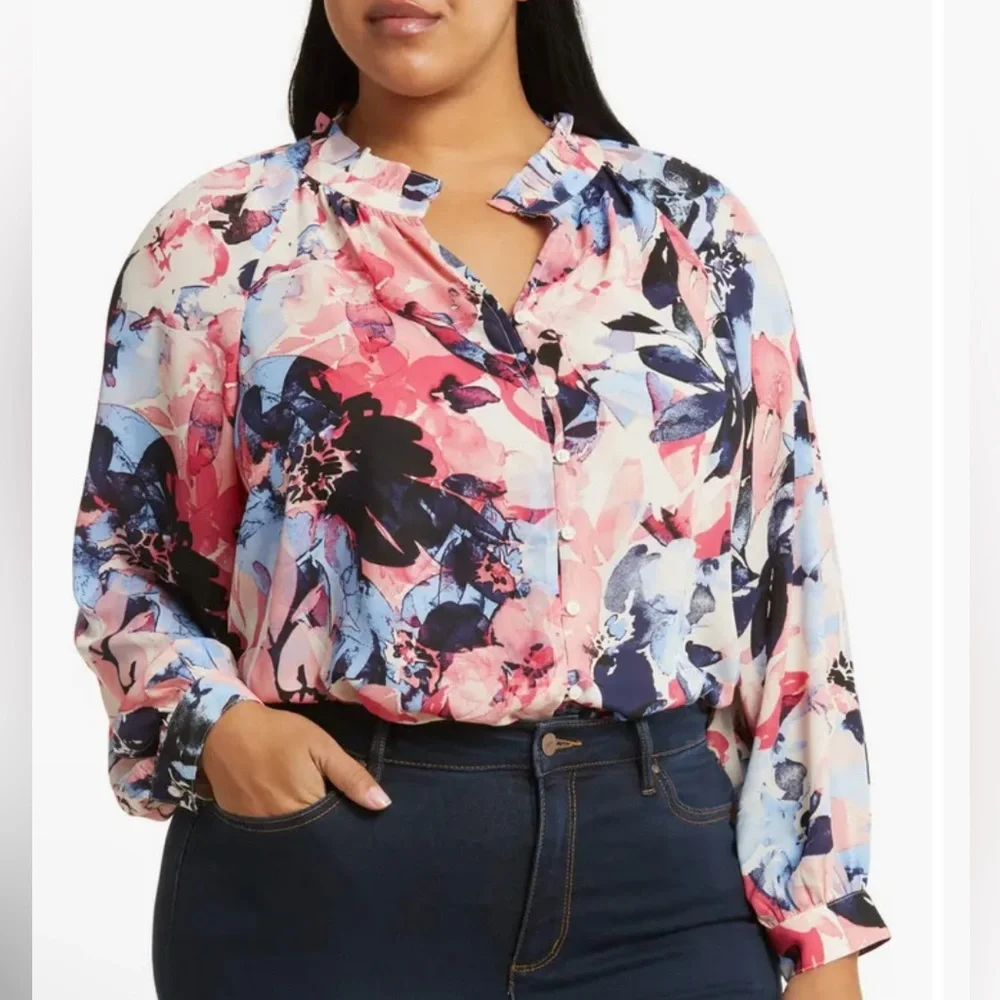 Jones New York Flower Blouse Size XL Ruffle Neck Puff
Sleeve - Picture 1 of 14